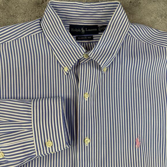 Ralph Lauren Men’s XL 17 Classic Fit Blue White Stripe Shirt Pony Hong Kong VTG - Picture 1 of 7